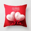 Detail of red Valentine cushion cover with two cute hearts and silk bow decoration - 18x18 Inch / Red Cartoon Expression Heart (DRD156-10)