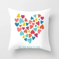 Detail view of heart print cushion cover with All You Need Is Love text on peach skin fabric - 18x18 Inch / White Patchwork Heart (DRD156-8)