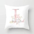 Close-up of peach skin pillowcase with watercolor floral letter L design and golden leaves - 45cmx45cm / Rose Gold Letter L Style (DRD150-L)