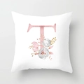 Detailed macro view of watercolor letter T and pink floral patterns on peach skin pillowcase - 45cmx45cm / Rose Gold Letter T Style (DRD150-T)