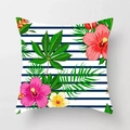 Modern square pillowcase with tropical hibiscus flowers and blue striped pattern design - 18x18 Inch / Tropical Flower Stripe (DRD156-3)