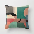 Linen pillow cover with abstract geometric patterns in green, coral, and grey colors - Coral Gray Black Modernist Geometric Patchwork Style (YMD65-15)