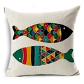 Federa per cuscino quadrata in lino con pesce dipinto a mano in stile nordico - Pesce Geometrico Bianco Sporco (YMD119-2)