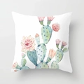 Funda de cojín cuadrada blanca con diseño de cactus en acuarela y flores rosadas - 45x45 cm / Cactus y Flor Rosa sobre Fondo Blanco (DRD181-5)