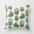 Square pillowcase with green cactus cat pattern on white base for home decor - Cactus Style 7 (DRD98-7)