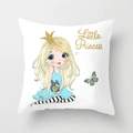 Detail of Little Princess cushion cover showing cartoon girl with gold glitter crown - 45x45cm / Crown Girl in Blue Dress Illustration (DRD117-5)