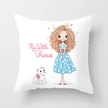 Detail showing cartoon princess and cat illustration on white peach skin pillowcase - 45x45cm / Blue Dress Girl and White Cat Illustration (DRD117-3)