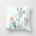 Square pillowcase featuring watercolor cactus and pink flowers on a mint green background - Cactus Style 9 (DRD98-9)