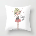 Detail of soft peach skin pillowcase featuring a cartoon girl illustration with pink dots - 45x45cm / Pink Dress Girl Sweet Illustration (DRD117-1)
