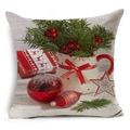 Vierkante linnen kussensloop met dennentakken, rode bessen en feestelijke kerstdecoraties - 45x45 cm / Kerstprint Stijl 1 (YMD116-1)