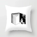 Nordic minimalist square pillow cover featuring black and white poetic line art illustration - Sitting in Book Watching Moon (CRD1-15)