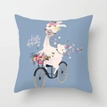 Detailed close-up of a blue llama cushion cover featuring the Hello Spring floral bicycle design - 45x45cm / Blue Spring Llama (DRD188-4)