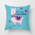 Detail of teal alpaca cushion cover with Keep Being Llamazing birthday text print - 45x45cm / Cyan Happy Birthday Llama (DRD188-6)