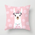 Detail of pink llama throw pillow cover featuring white polka dots and floral headpiece - 45x45cm / Pink You Are Llamazing (DRD188-14)