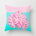Detail view of pink monstera leaf patterns on tropical velvet cushion cover - Pink Cyan Color Block Three Pink Monstera Leaves Style (DRD212-12) / 18x18 Inch