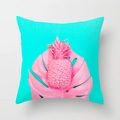 Detail of tropical pink pineapple and leaf print on green square cushion cover - Cyan Green Background Pink Pineapple Monstera Style (DRD212-10) / 18x18 Inch