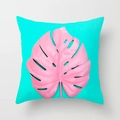 Detail view of tropical pink monstera leaf pattern on square teal pillow cover fabric - Cyan Blue Background Pink Monstera Leaf Style (DRD212-9) / 18x18 Inch