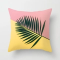Detail of tropical palm leaf print on pink and yellow geometric cushion cover fabric - Pink Yellow Diagonal Deep Green Palm Leaf Nordic Style (DRD212-19) / 18x18 Inch