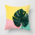Close-up detail of tropical monstera leaf print on modern geometric cushion cover - Yellow Pink Cyan Block Large Deep Green Monstera Leaf Style (DRD212-20) / 18x18 Inch