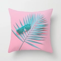 Detail view of pink tropical cushion cover featuring teal palm leaf and sunglasses print - Pink Background Cyan Palm Leaf With Sunglasses Summer Tropical Style (DRD212-28) / 18x18 Inch