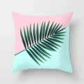 Detail of pink and blue tropical palm leaf cushion cover with soft fabric texture - Pink Blue Diagonal Deep Green Palm Leaf Nordic Style (DRD212-17) / 18x18 Inch