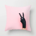Detail of Nordic pink cushion cover featuring artistic black hand peace sign print - Pink Background Black Hand V Gesture Style (DRD212-6) / 18x18 Inch
