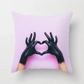 Detail of Nordic pink cushion cover featuring artistic black hand heart pattern print - Pink Background Black Hand Heart Art Style (DRD212-5) / 18x18 Inch