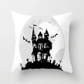Detail of Halloween pillowcase featuring gothic castle, bats, and full moon on peach skin - Graveyard Illustration Style (DRD197-15)