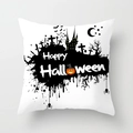 Detail of Halloween pillowcase with black castle, bats, and orange pumpkin on white fabric - Jack-o-lantern Castle Style (DRD197-16)