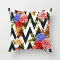 Detail of floral peach skin pillowcase with black and white wavy lines and red hibiscus - 18x18 Inch / Black White Wave Floral (DRD311-4)