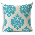 Detailed macro view of the linen texture and cyan Damascus floral pattern on a pillow cover - Vintage Floral Scroll (YMD160-12)