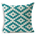 Close-up of geometric teal and cream linen pillowcase with ethnic diamond pattern texture - Pixelated Rhombus (YMD160-9)