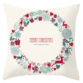 Detail of Christmas wreath print with reindeer and snowflakes on cream cushion cover - Red and Green Christmas Wreath Style (DRD198-25)