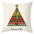 Close-up of geometric Christmas tree print on festive peach skin pillowcase - Mixed Geometric Figure Patchwork Tree Style (DRD198-11)