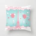 Macro view of square pillowcase with paper-cut Eiffel Tower and hot air balloon design - Light Blue Romantic Paris (DRD203-1) / 18x18 Inch