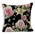 Linen pillowcase with vintage black rose and yellow lily floral print on white background - 18x18 Inch / Black Background Pink Red Yellow Flower Style (YMD199-4)