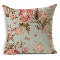 Elegante linnen kussensloop met roze bloemen en vlinders op een groene basis - 45x45 cm / Cyaan Achtergrond Roze Bloem Vlinder Stijl (YMD199-3)