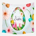 Oster-Wandteppich in Hellblau mit rosa Blumen, Hasenohren und bunten Eiern - 95x73 / Hellblauer Gerbera-Eierstil (GT02-3)
