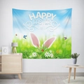 Osterteppich mit Hasenohren und Blumenmuster auf hellblauem Hintergrund für Deko - 95x73 / Himmelblaues Gras mit Hasenohren (GT02-20)