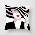 Detail of canvas pillowcase featuring minimalist fashion illustration with bold red accents - Modern Lady Illustration (DRD334-8) / 18x18 Inch