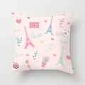 Romantic Paris Eiffel Tower and hot air balloon pillow cover in soft pink finish - Pink French Romantic Postmark (DRD203-8) / 18x18 Inch
