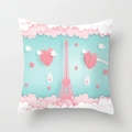 Federa per cuscino con Torre Eiffel e mongolfiera a cuore in azzurro e rosa - Parigi Romantica Azzurra (DRD203-1) / 45x45 cm