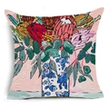Detail der Leinen-Kissenhülle mit Ölgemälde-Blumenmuster und Vasen-Design - Künstlerische Blumen-Illustration (YMD48-1) / 45x45cm
