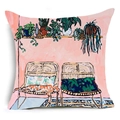 Detailed view of linen cushion cover featuring hand-drawn art of cats and tropical plants - Indoor Plant Cat Scene (YMD48-12) / 45x45cm