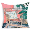 Linen pillow cover with abstract oil painting of a cozy room and monstera plants - Indoor Plant Rattan Chair Scene (YMD48-5) / 45x45cm