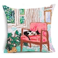 Detailed view of linen cushion cover featuring oil painting style cat on pink armchair - Cat on Pink Armchair Scene (YMD48-6) / 45x45cm