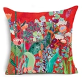 Detail view of abstract red linen pillowcase featuring dense floral and botanical patterns - Dense Red Background Floral (YMD48-10) / 45x45cm