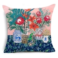 Detail of artistic floral linen pillowcase with protea, flamingo, and porcelain pattern - Flamingo and Protea Illustration (YMD48-11) / 45x45cm