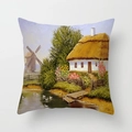 Detail des Kissenbezugs mit Ölgemälde-Motiv, Windmühle und ländlicher Häuserszene - 45x45 / Ländliche Windmühle Blumenmeer (DRD355-3)