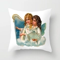 Detailed macro view of vintage angel illustration on a white square festive pillowcase - Angels Playing Harp and Singing (DRD359-1)
